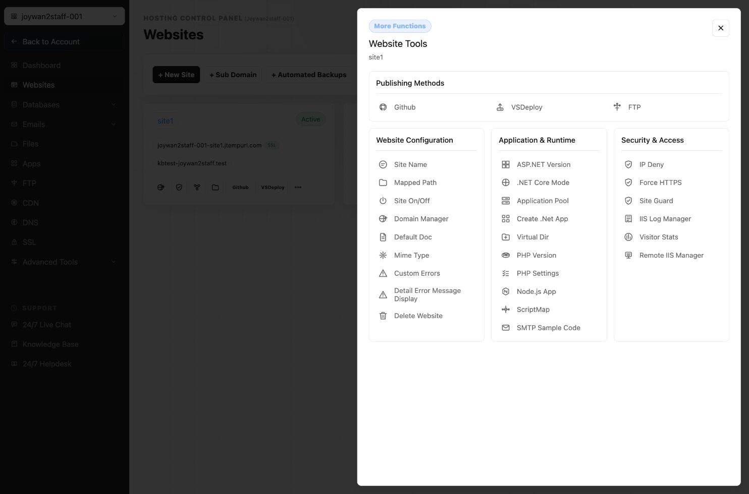 Website functions in the current Hosting Control Panel