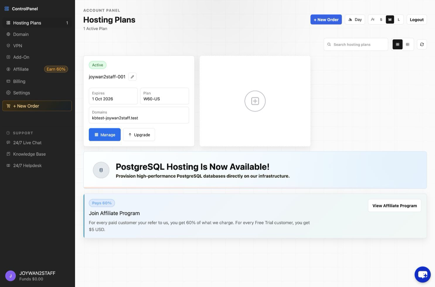 Hosting Plans page with the Upgrade action